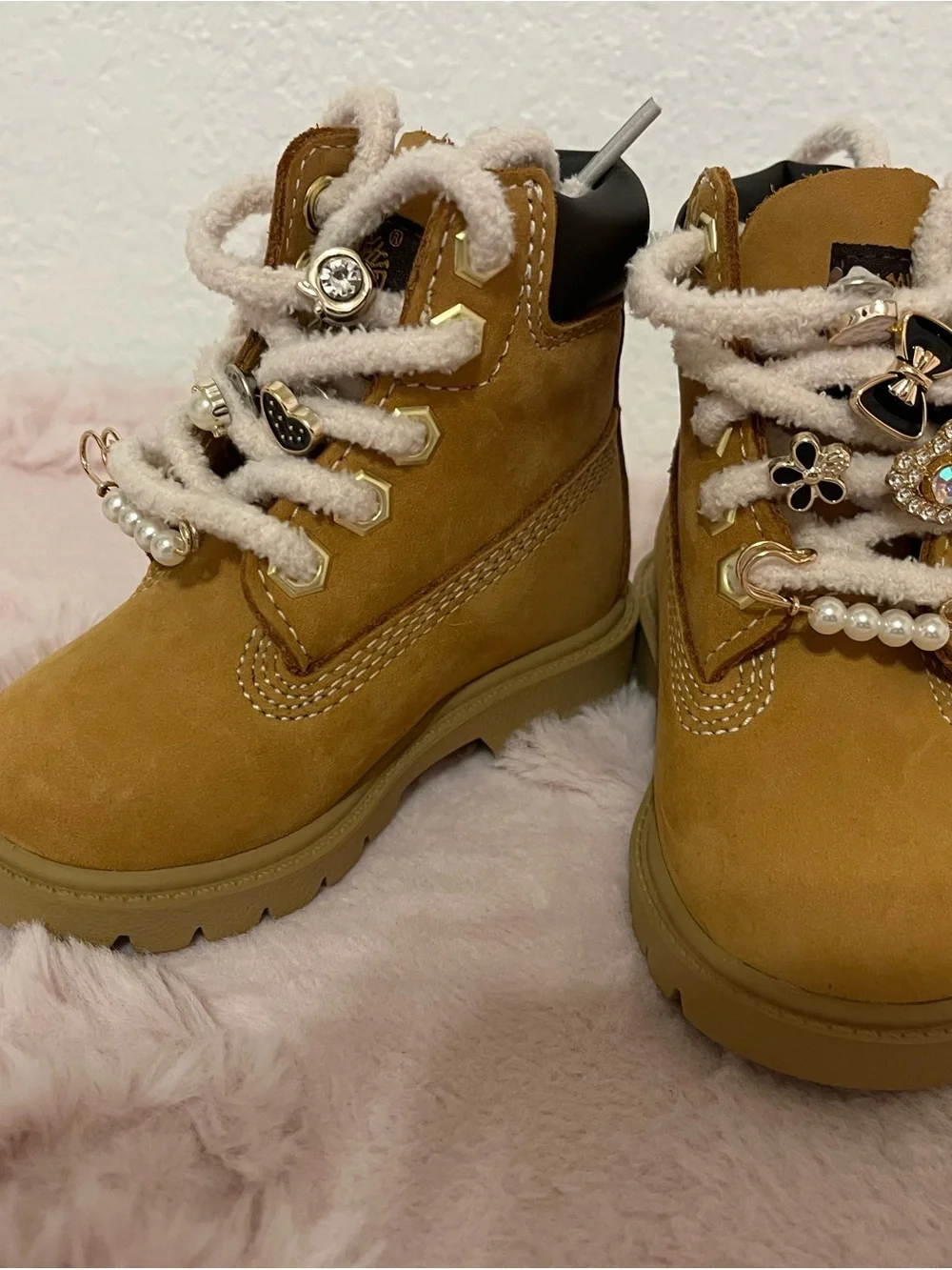 Timberland Toddler Wheat/Tan Suede Lace-Up Boots with Charm Accents